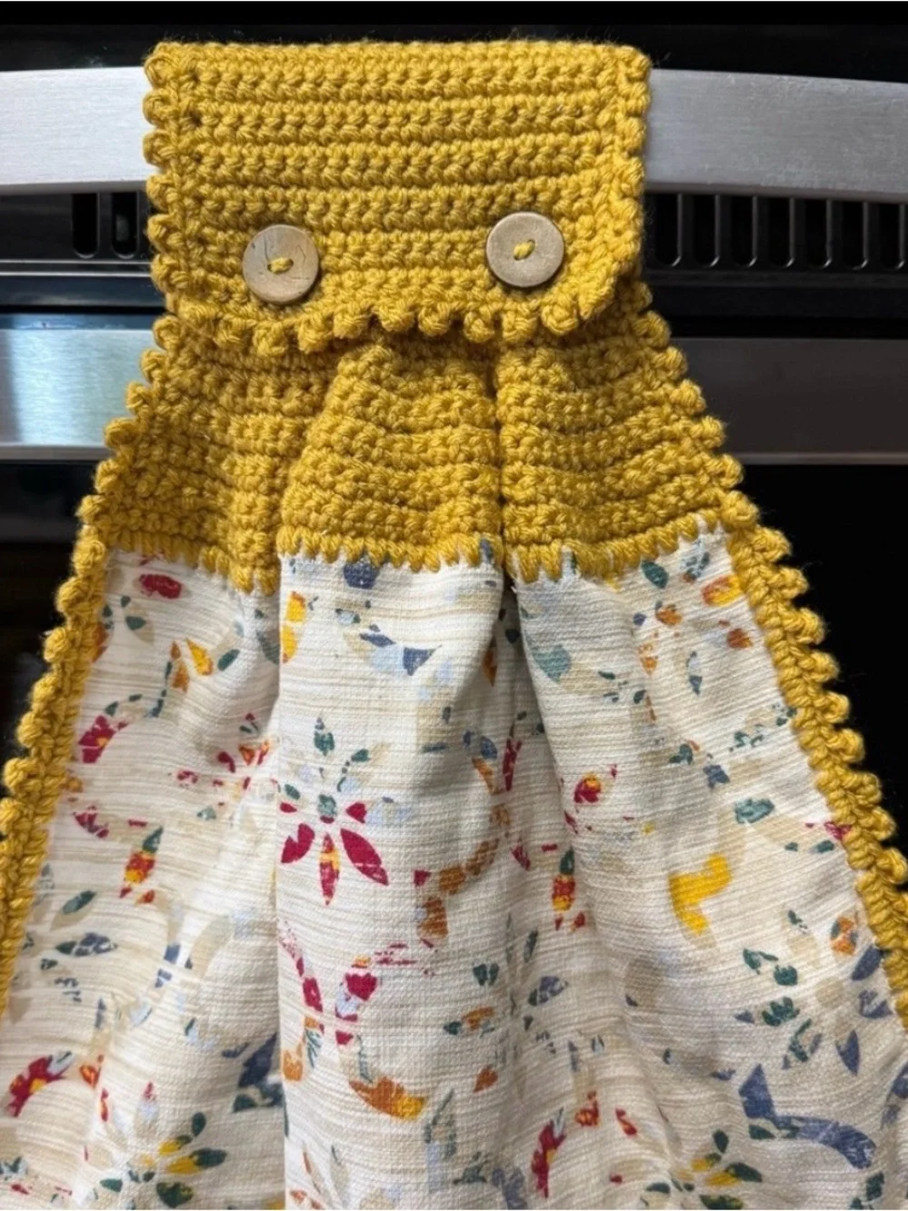 Handmade Crochet Hanging Kitchen Towel Mustard Gold Floral